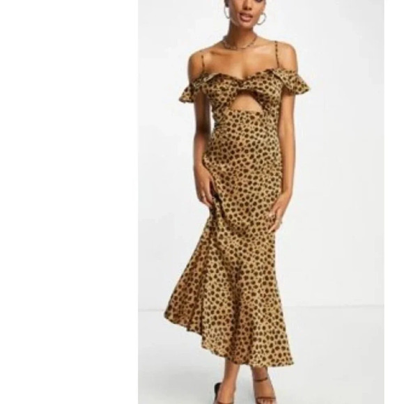 Never Fully Dressed Ruffle Sleeve Cut Out Maxi Dress NWT Leopard Brown Size 6 - Picture 2 of 11